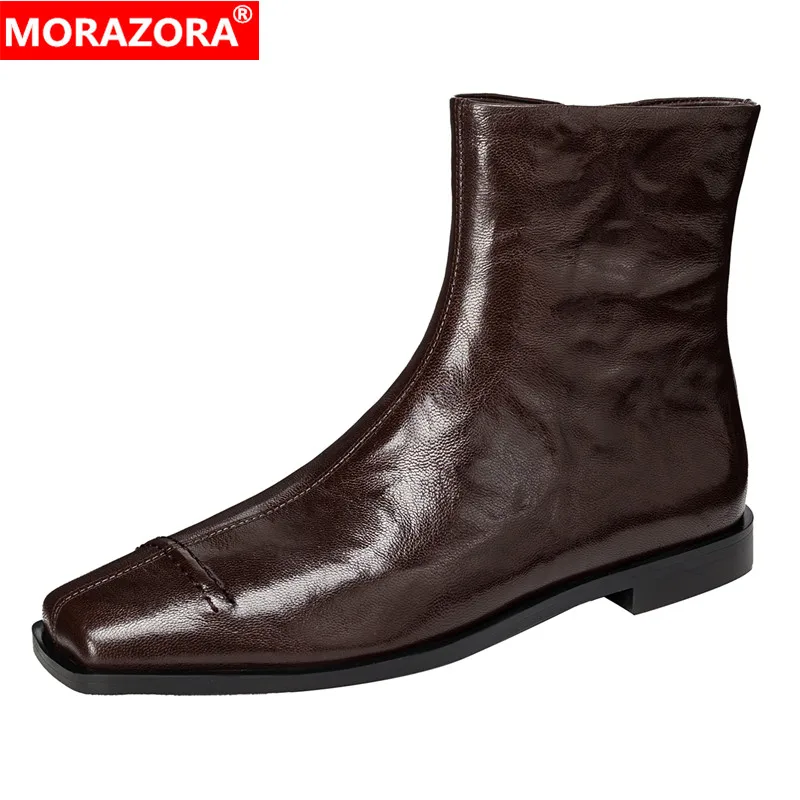 MORAZORA 2027 New Genuine Leather Ankle Boots Women Square Toe Flat Short Booties Zipper Autumn Winter Office Dress Shoes