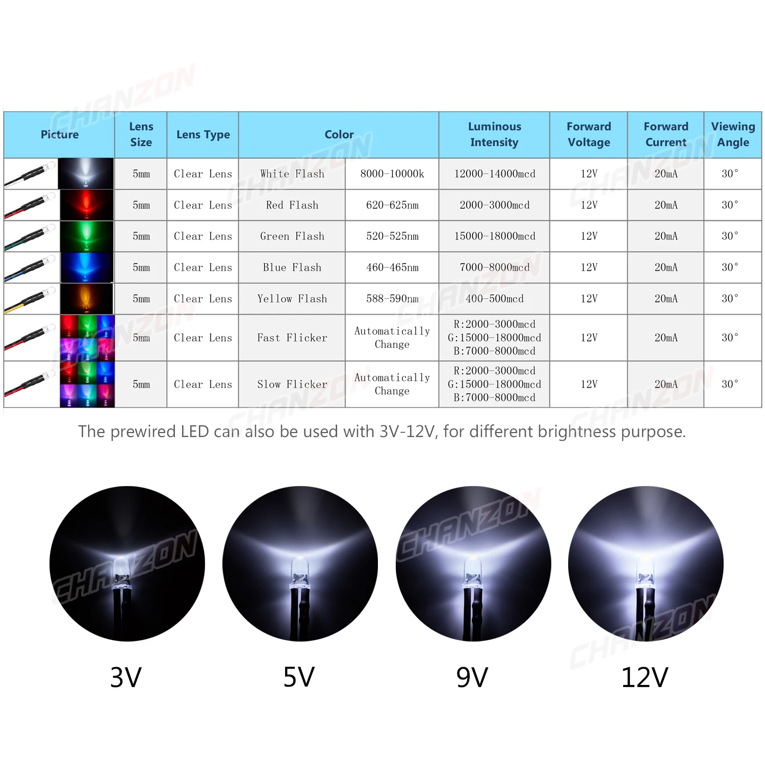 20Pcs 5mm LED Diode 12V White Red Green Blue Yellow RGB Fast Slow Flash Blinking Prewired 5 9 12 V Light Emitting Indicator Lamp