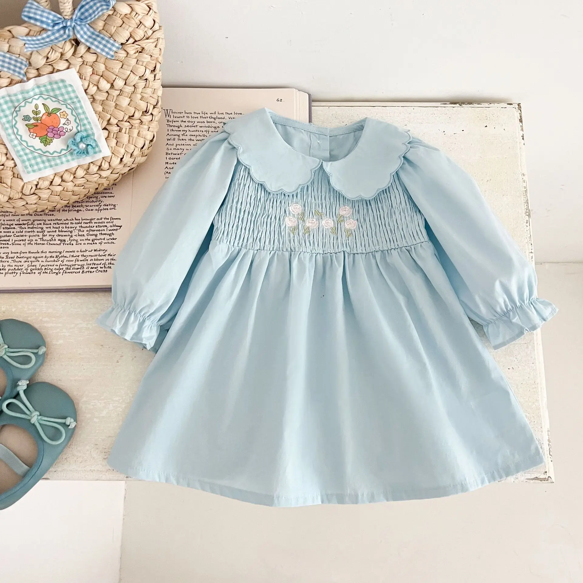 Girls Dress 2026 Spring and Summer New Childrens Clothing Korean Girl Baby Foreign Style Embroidery Doll Collar Princess Dress