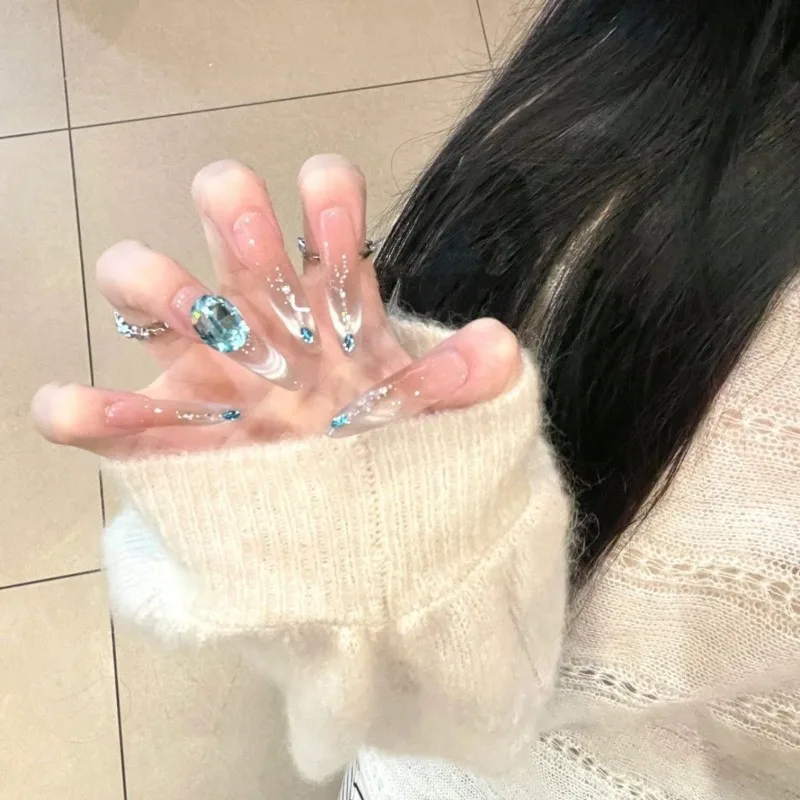 

10 шт. очень длинных накладных ногтей с крупными стразами, декорированные, тип «стилет», с коробкой и инструментами, съемные