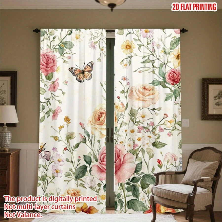 2PCS Digital Printed Curtains with Rose Garden Design, Stylish Window Drapes for Living Room Bedroom Home Decoration and Kitchen