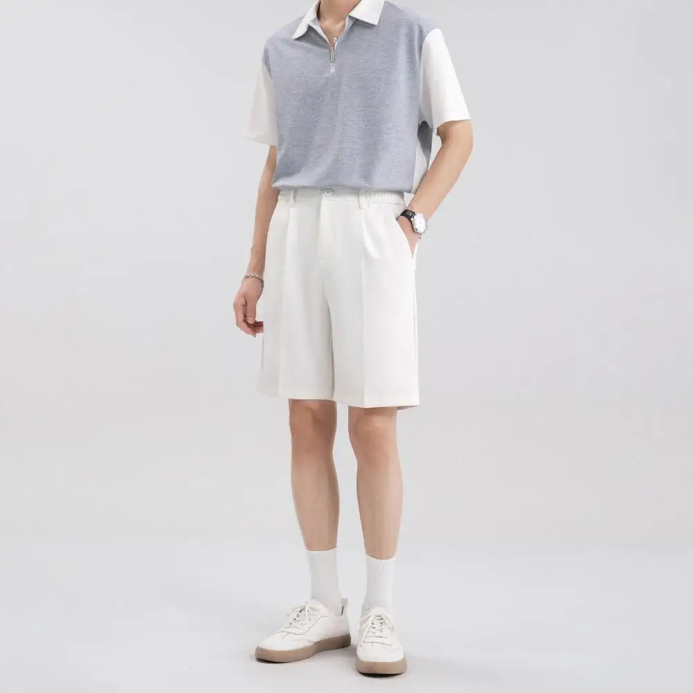 2026 Men Suit Shorts Mid-rise Solid Color Straight Wide Leg Shorts with Pockets Knee-Length Zipper Button Closure Shorts