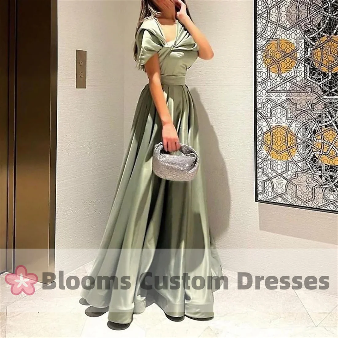 Customized Olive Green Graceful Evening Dress Long A Line Satin Draped Floor Length Off Shouldr Abendkleider Saudi Formal