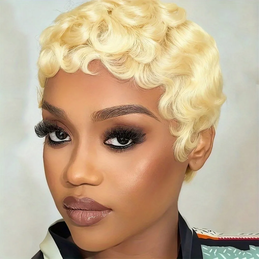 Remy Human Hair Wig - full machine made wig 150% Density short Curly Pixie Cut with Bangs, Grey/613 Salt & Pepper Texture,