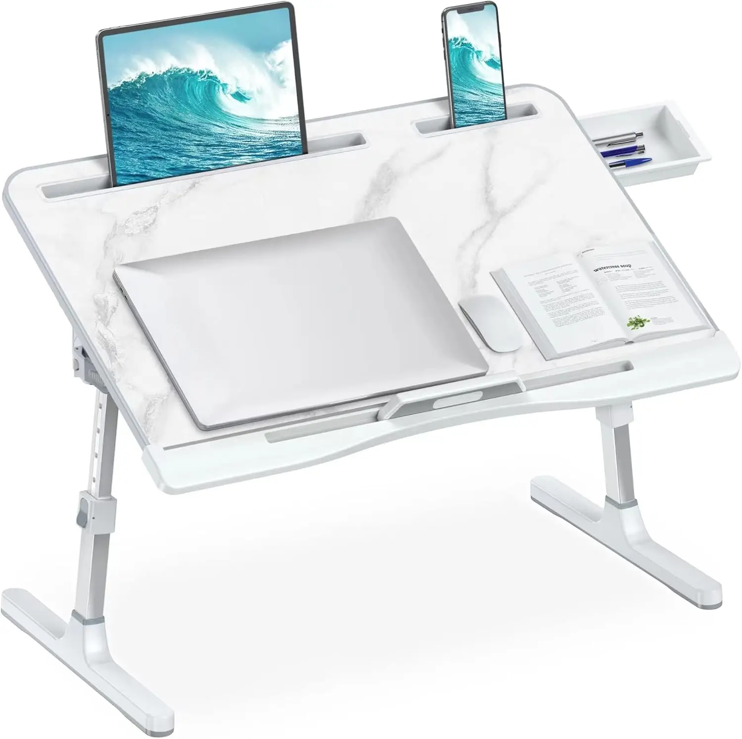 

Adjustable Laptop Bed Desk with Drawer, Foldable Large Table for Couch Floor Work Reading Eating (Marble, 23.6x15.7 inches)