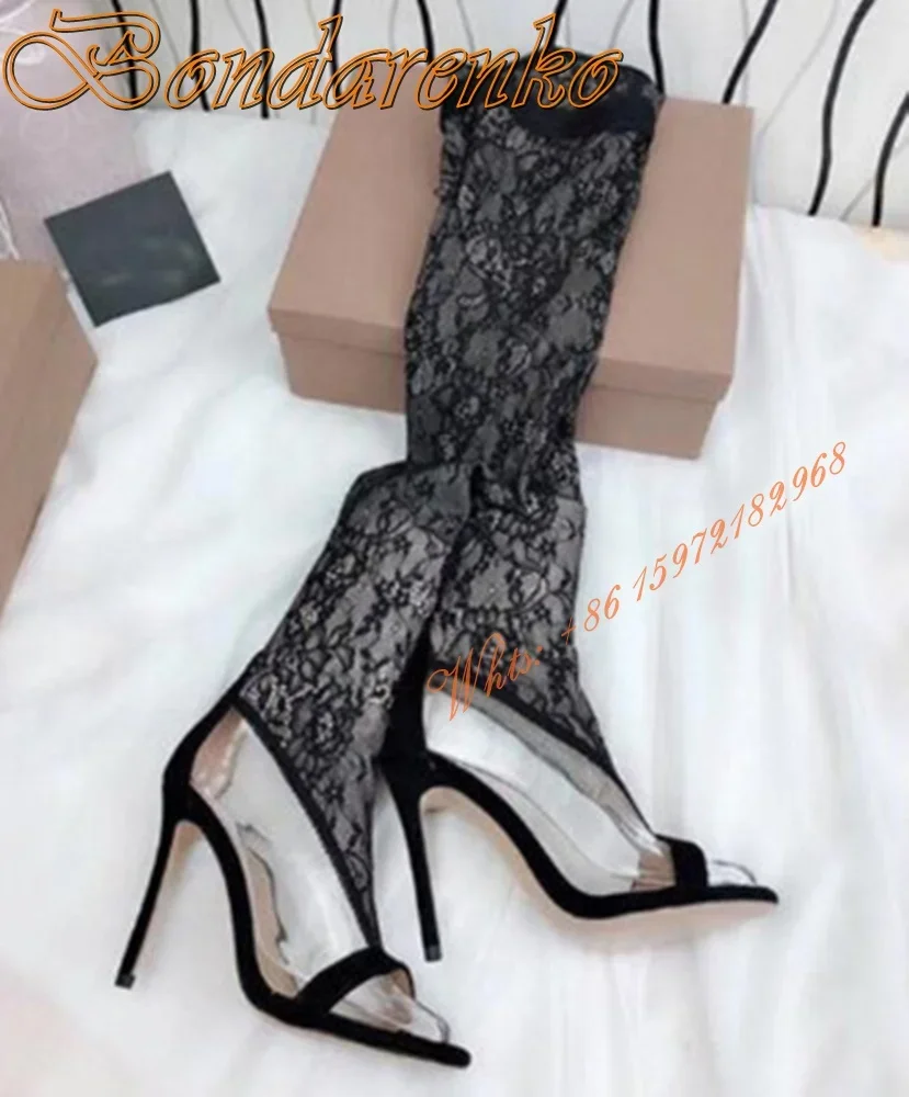 Mesh Printed Summer Sandal Boots Straps Solid Stiletto Heels Hollow Women Sexy Shoes Open Toe Over The Knee Slip On Banquet Shoe