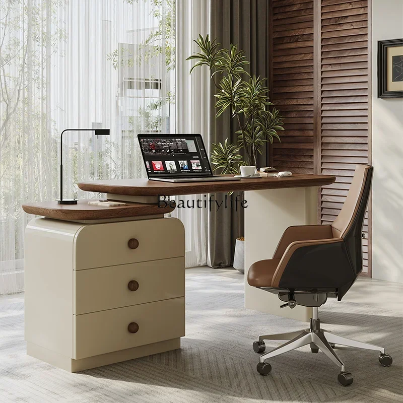

yj9 Vintage Style Desk and Chest of Drawers Integrated Extendable Modern Minimalist Solid Wood Computer Desk Cream Style Workbe