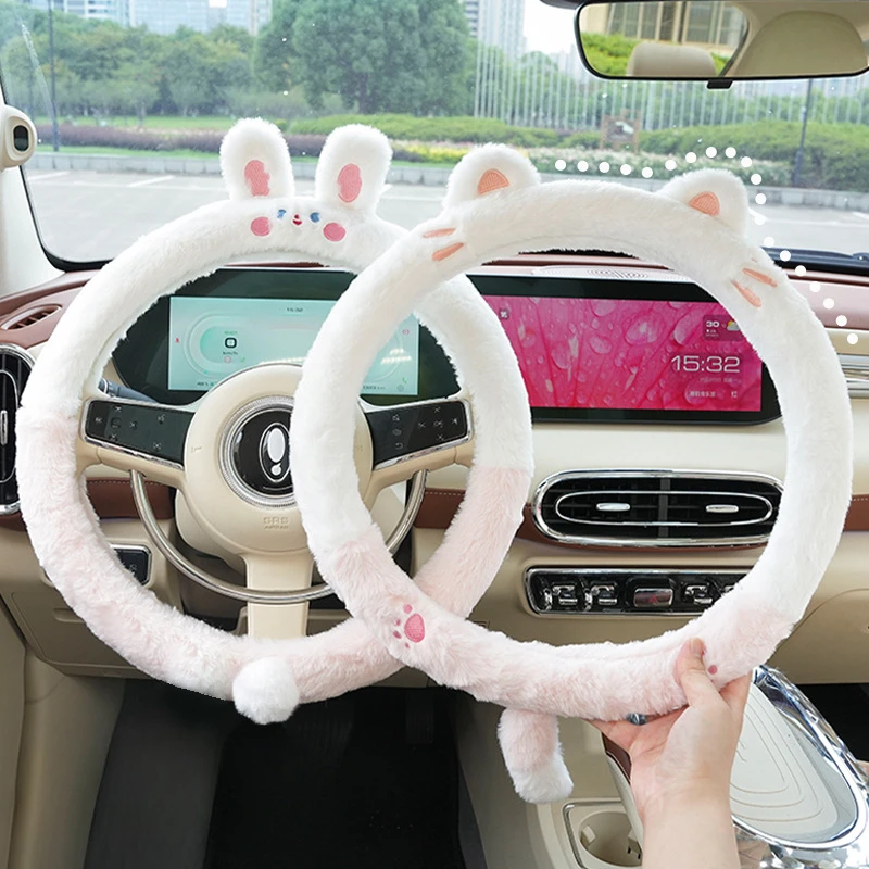 Autumn and Winter Steering Wheel Cover Plush Cartoon Warm Anti-freeze Anti-slip Car with Set of Cute Car Accessories Rabbit Ears