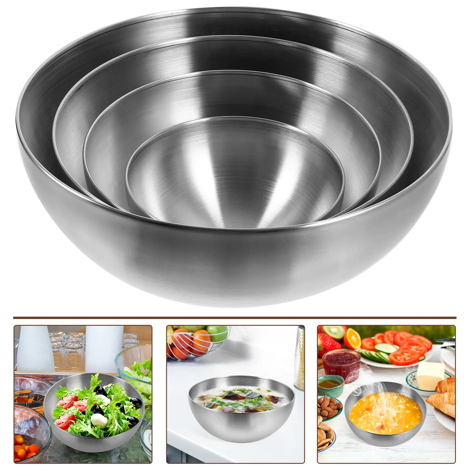 

4Pcs Stainless Steel Food Bowls Deep Multi-Purpose Household Serving Salad Soup Mixing Kitchen Accessories Noodle Bowl