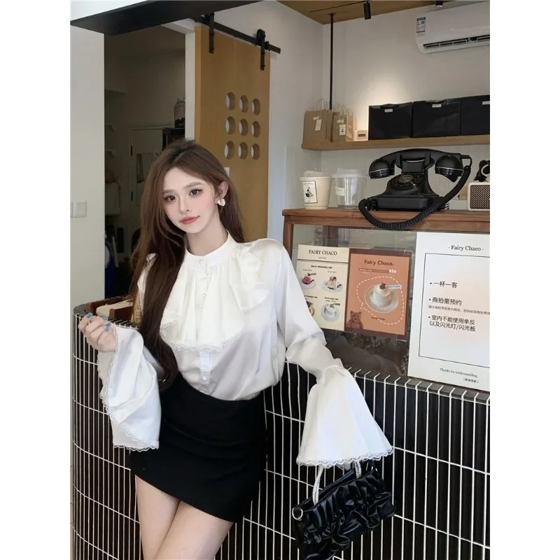 เสื้อเชิ้ตแขนบานผ้าชีฟองลูกไม้สำหรับผู้หญิง รุ่นใหม่ ดีไซน์หรูหรา ทรงหลวม ช่วยพรางหุ่น รุ่น TT987