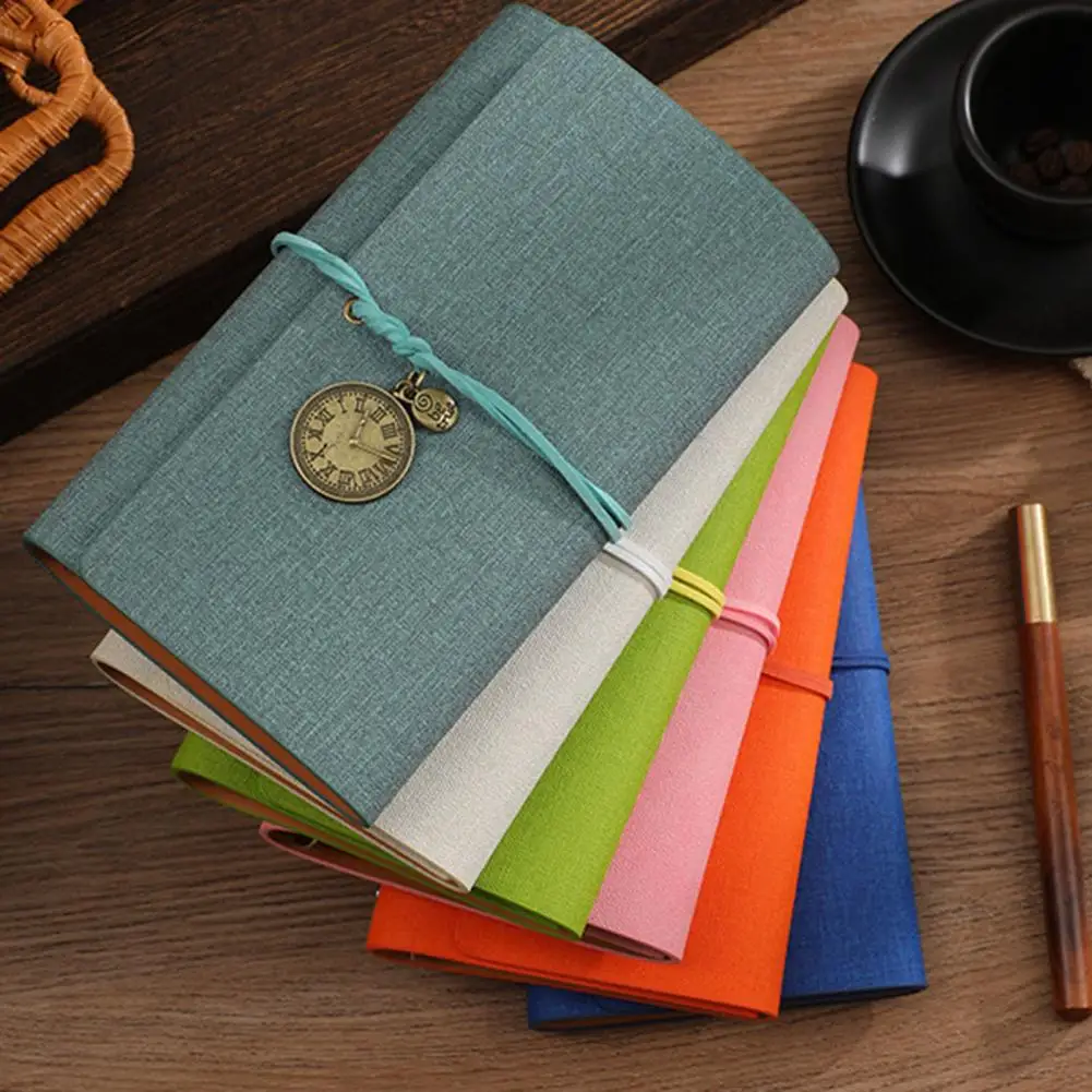 Thick Paper Notebook A6 Faux Leather Journal Notebook with 6-ring Loose Leaf Binder Retro Clock Pendant Personal for Travel