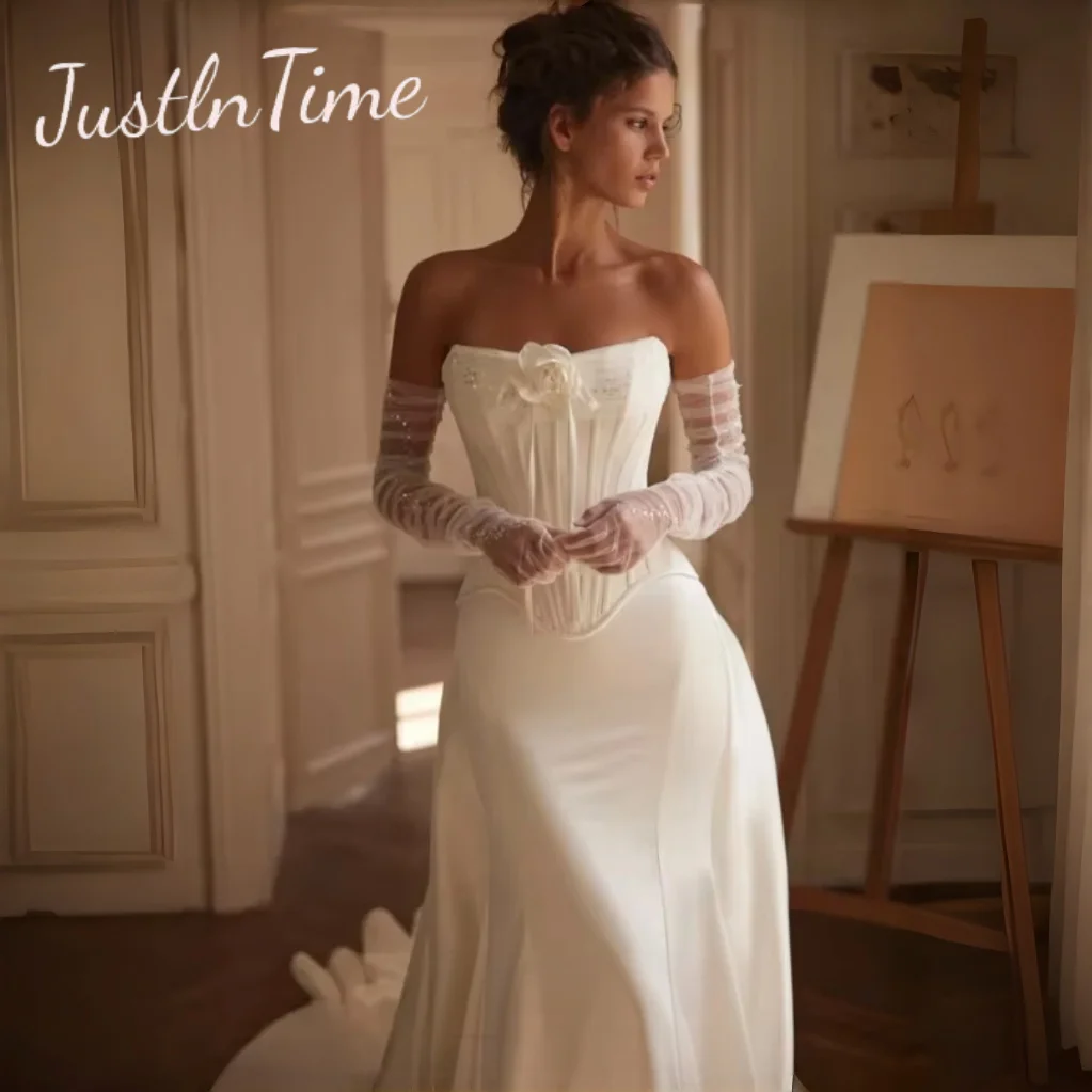 JUSTLNTIME Elegant Strapless Sleeveless Mermaid Wedding Dress Flower Lace Up Detachable Train 2026 Customized Vestido De Novia