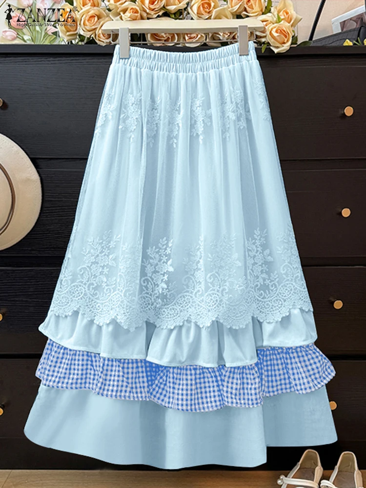 

ZANZEA Women Maxi Skirts 2025 Autumn High Waist Casual Ruffle Long Skirt Loose Elastic Waist Lace Plaid Patchwork Holiday Bottom