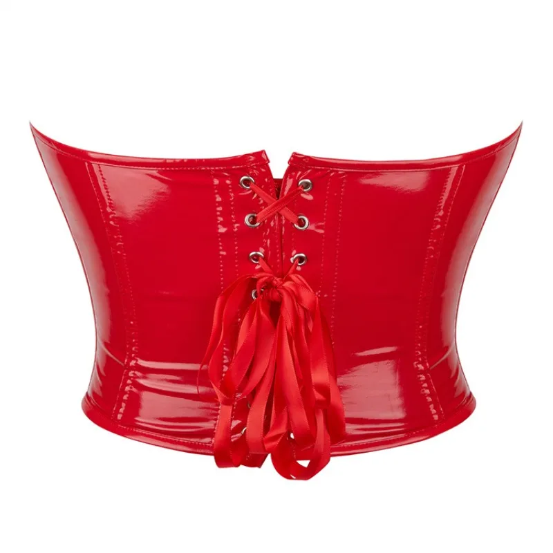 Shiny Red Leather Corset Crop Top Women Sexy Bustiers Short Torso Body Shaper Underwear Kорсет