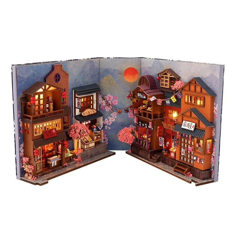 3D Wooden Book Stand Kit, Japanese Tavern Style with LED Light, DIY Miniature Book Nook, Multicolor-SPMI