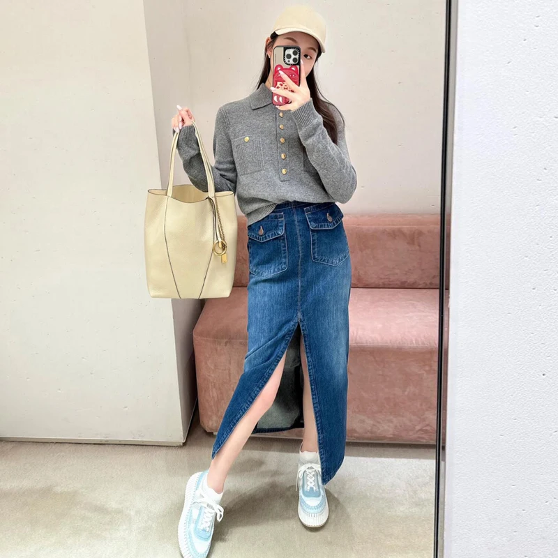 Sli Long Denim Skirt Vintage High Slit Slimming Leg Lengthening Cotton 00% Spring Faion Ladies' f Skirt