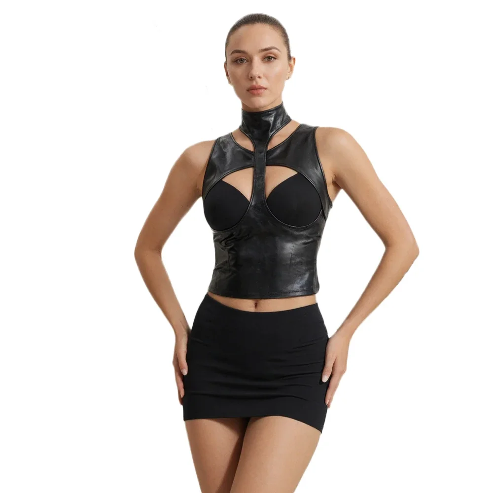 Women Cross Hollow Out Vest Sexy PU Faux Latex Shiny T-shirts Elastic Shaping Nightclub Dance Open Bust Tank Tops Woman Fashion
