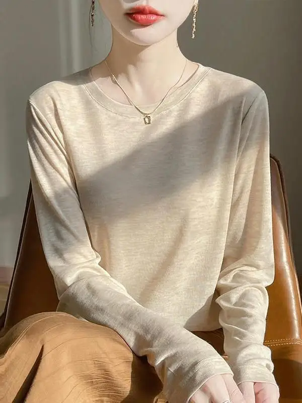 Spring Summer Thin round Neck Breathable Lyocell  Long Sleeve Women's Loose  Color Versatile Semi-Transparent Knit...