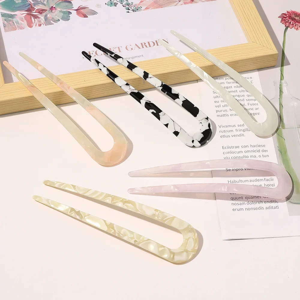 Acetate Pink Leopard U-shaped Women Hair Clips Geometric Hair Stick Simple Chinese Elegant Retro Coiled Hair Styling Accessories