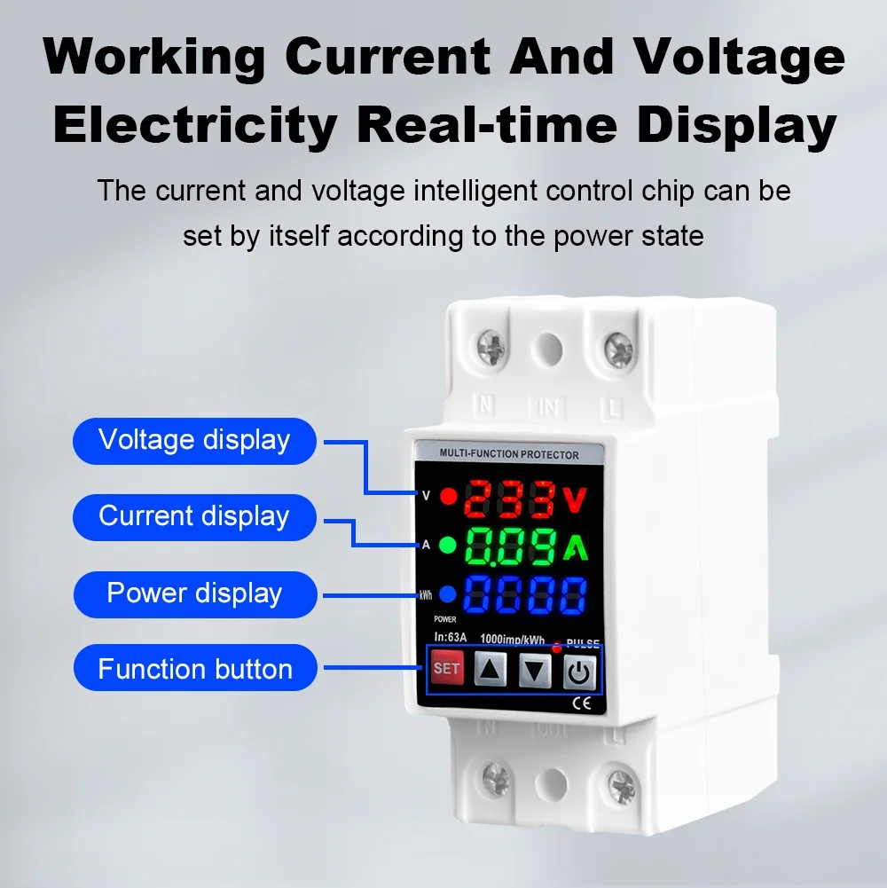 شاشة 3IN1 63A قابلة للتعديل من الجهد الزائد وتحت الجهد جهاز حماية التتابع على حد الحماية الحالي