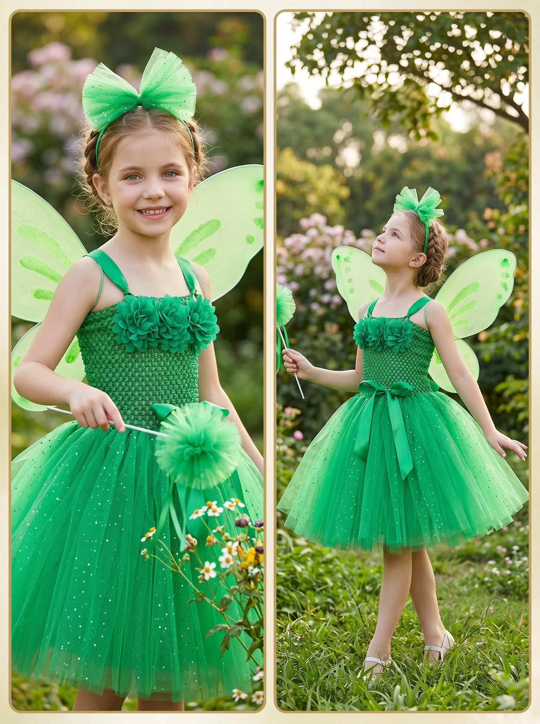 Tinker Bell Costume Girls Green Fairy Dress Kids Halloween Cosplay Sparkly Princess Dress with Wings Xmas Role Play Outfit