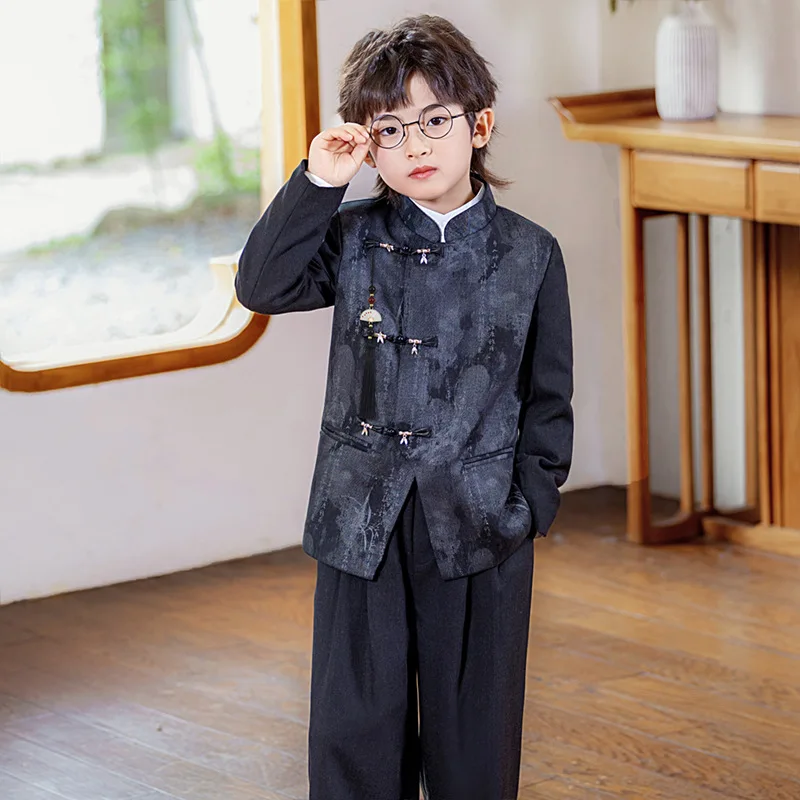 1-10Y Boys Autumn Elegant Suits Outfit Children Boys Retro Print Spliced Coat Pants Suits Ancient Style Performance Costume Set