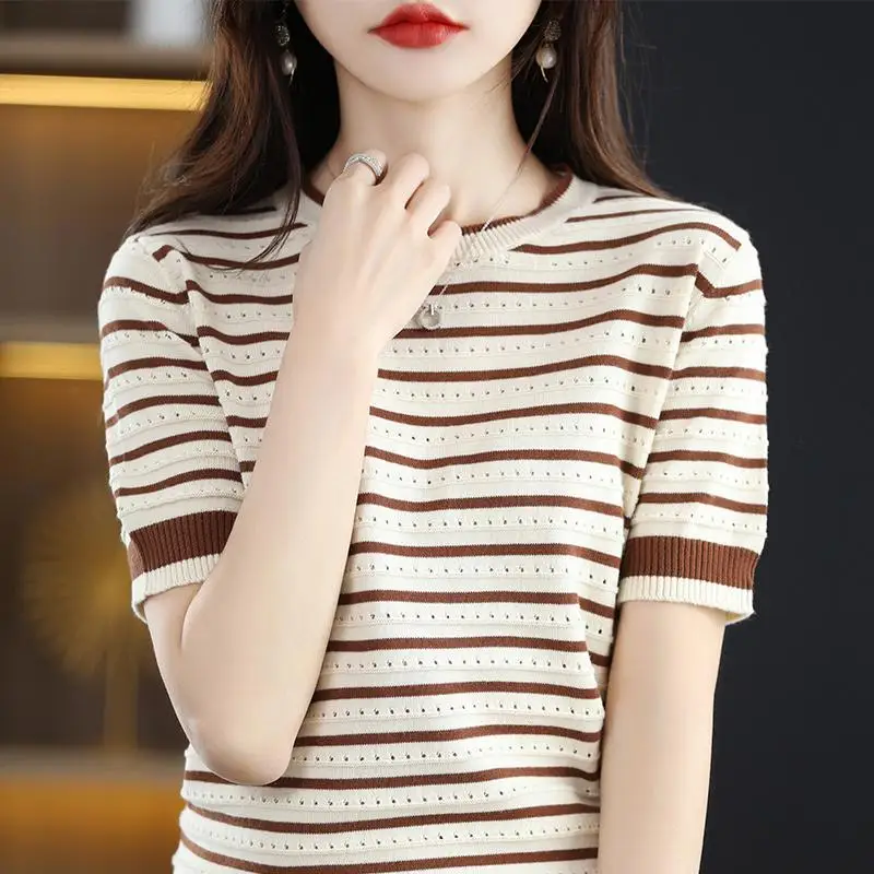 Summer Women Vintage Striped T-Shirt Korean All-match Hollow Out Fashion Short Sleeve O-Neck Loose Casual Knitted Pullover Tops