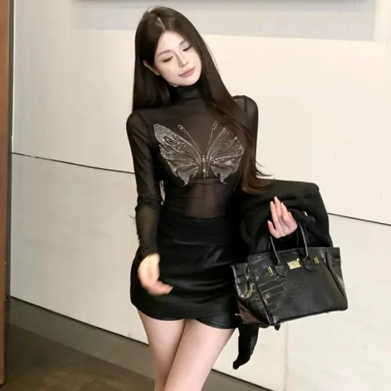 

Hot Rhinestone Long-sleeved Mesh T-shirt for Women in Spring Summer Fashion Slim-fitting, Bottoming and See-through Top