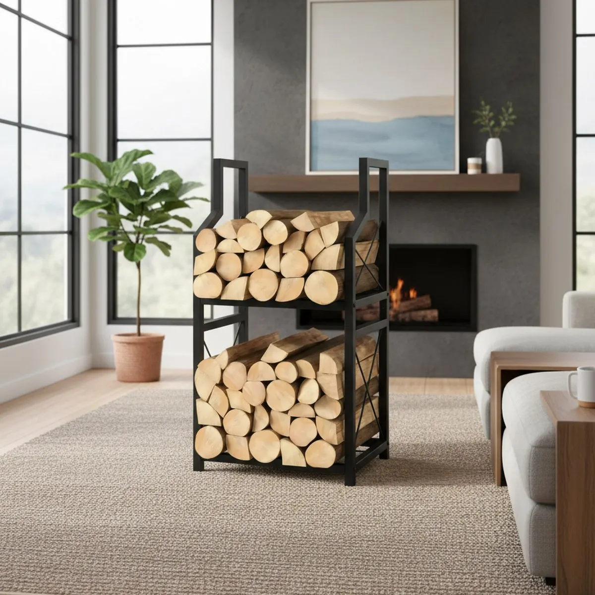 Firewood Rack 31.5 Inch Vertical Steel Indoor Outdoor Log Holder with Kindling Storage Heavy Duty Fireplace Patio Wood Stacker B