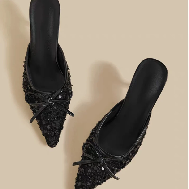 

2026 Summer New Women's Fashion Bow Designer Solid Color Slippers PU Leather Elegant Banquet High Heels Outdoor Dress Sandals