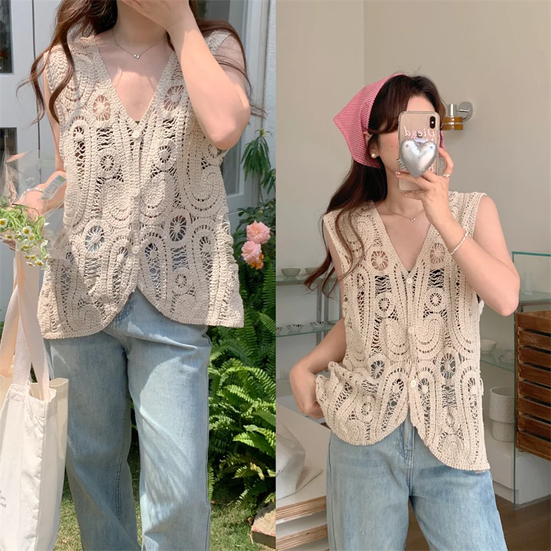 レディース ホローアウト イレギュラー ベスト 韓国風 スリム ショルダーフック フラワー アウル トップス アウター 夏 ファッション