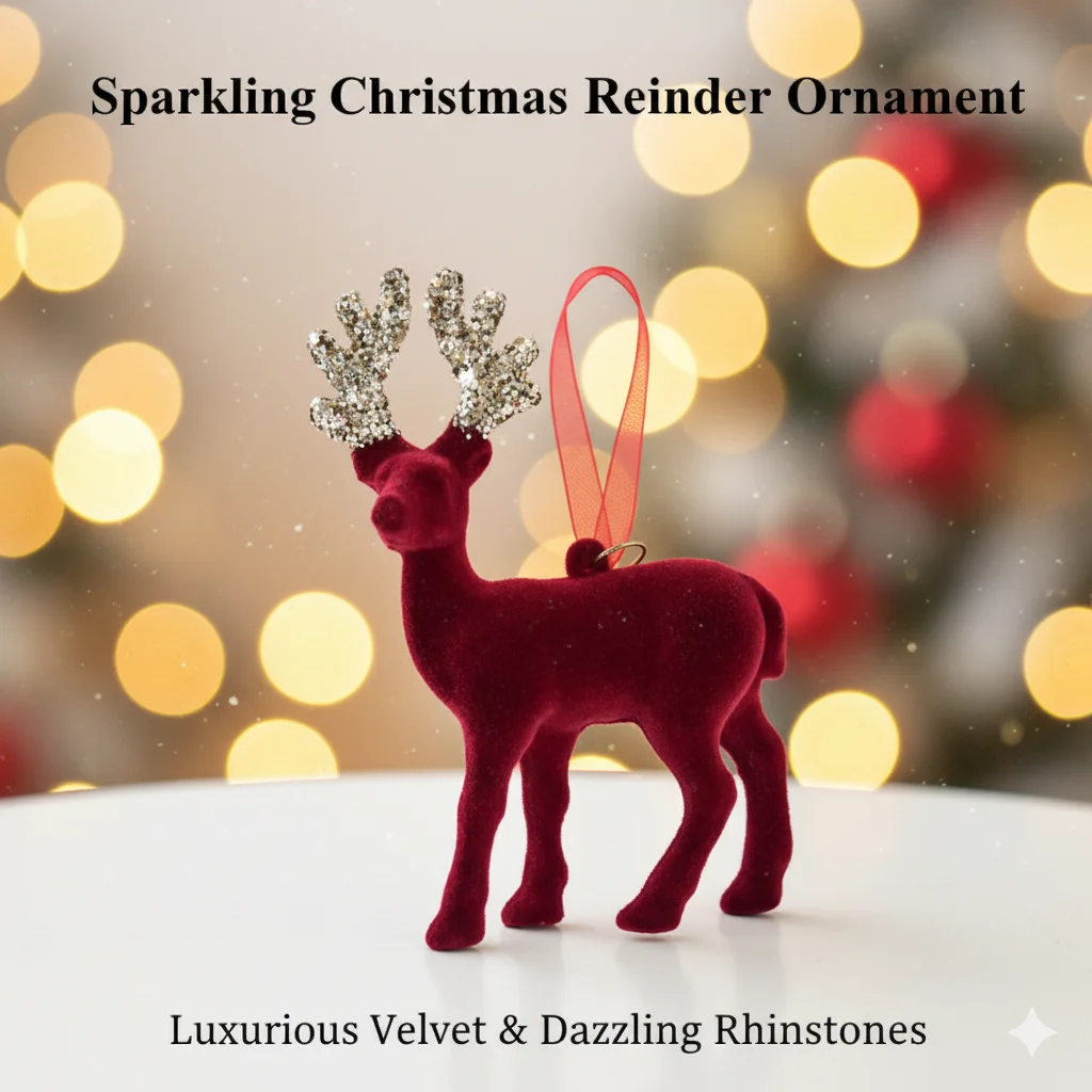 

Velvet Wine Red Christmas Reindeer Ornament Set Glitter Horn Elk Decoration For Tree Table Home Indoor Holiday Party Decor