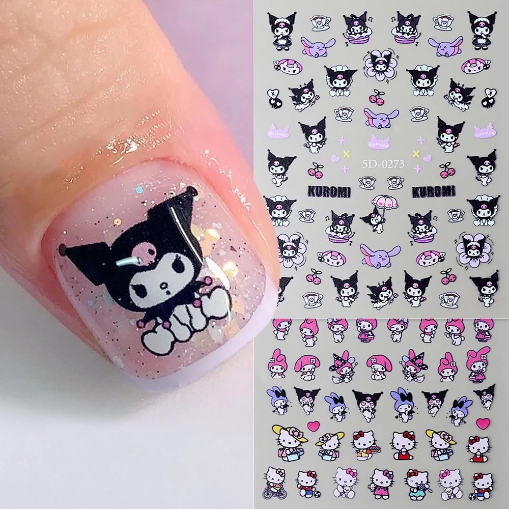 1pc 5d em relevo kawaii olá kitty kuromi adesivos de unhas melodia pochacco cinnamoroll decalques adesivos diy dos desenhos animados manicure sliders