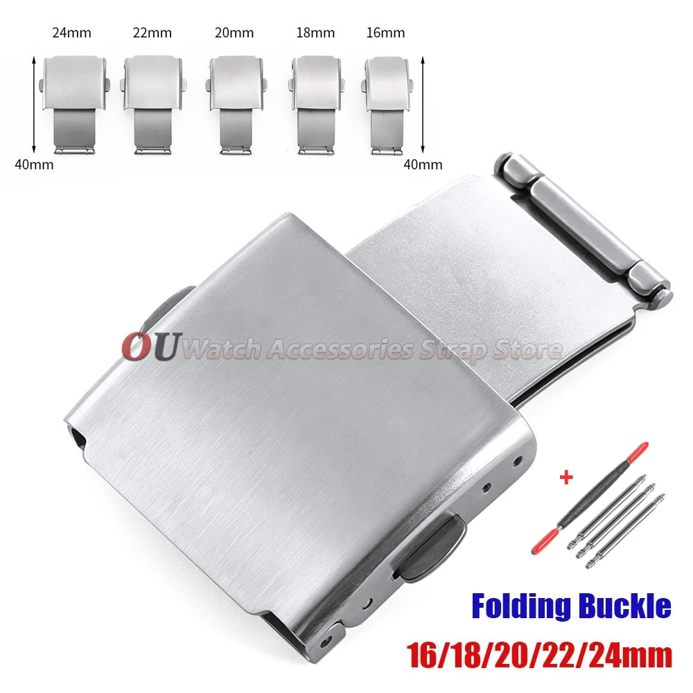 16mm 18mm 20mm 22mm 24mm Silver Stainless Steel Double Press Buckle Metal Watchband Folding Buckle Steel Clasp Watch Accessories