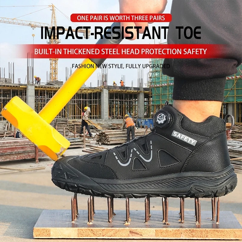 Wear-resistant Rubber Sole Rotary Buckle Safety Boots Anti-Puncture for Flooring Work Shoes Steel processing, home decorati