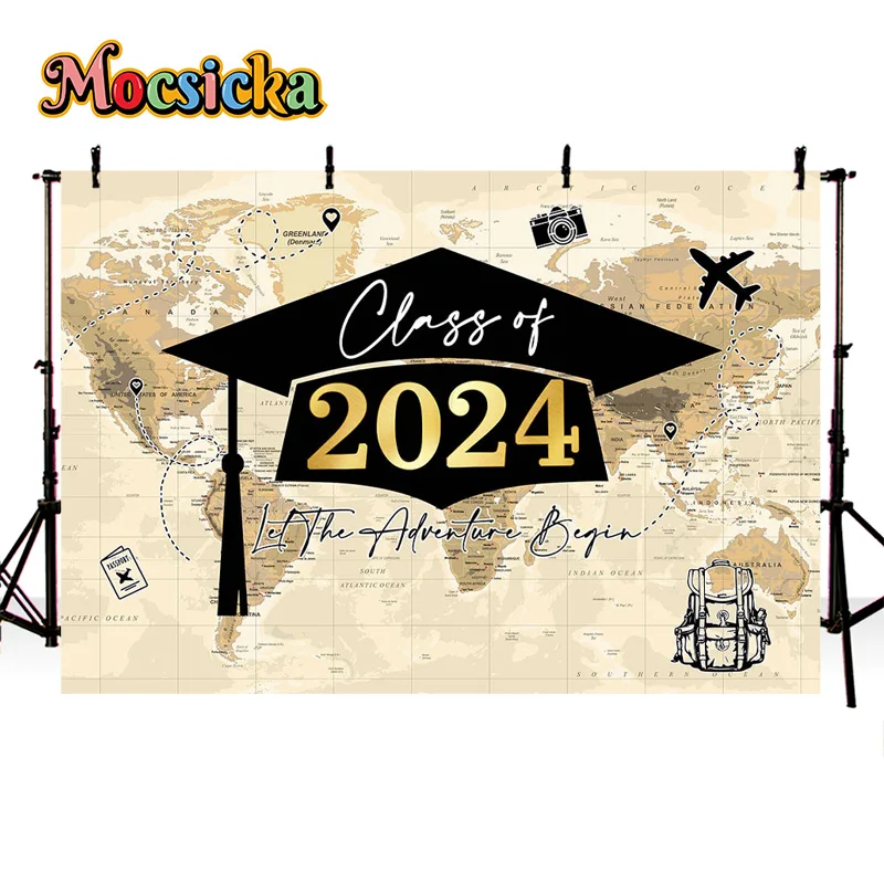 

Mocsicka Graduation Party Photography Background Class Of 2024 New Year Party Decor Map Bachelor Hat Photo Banner Studio Props