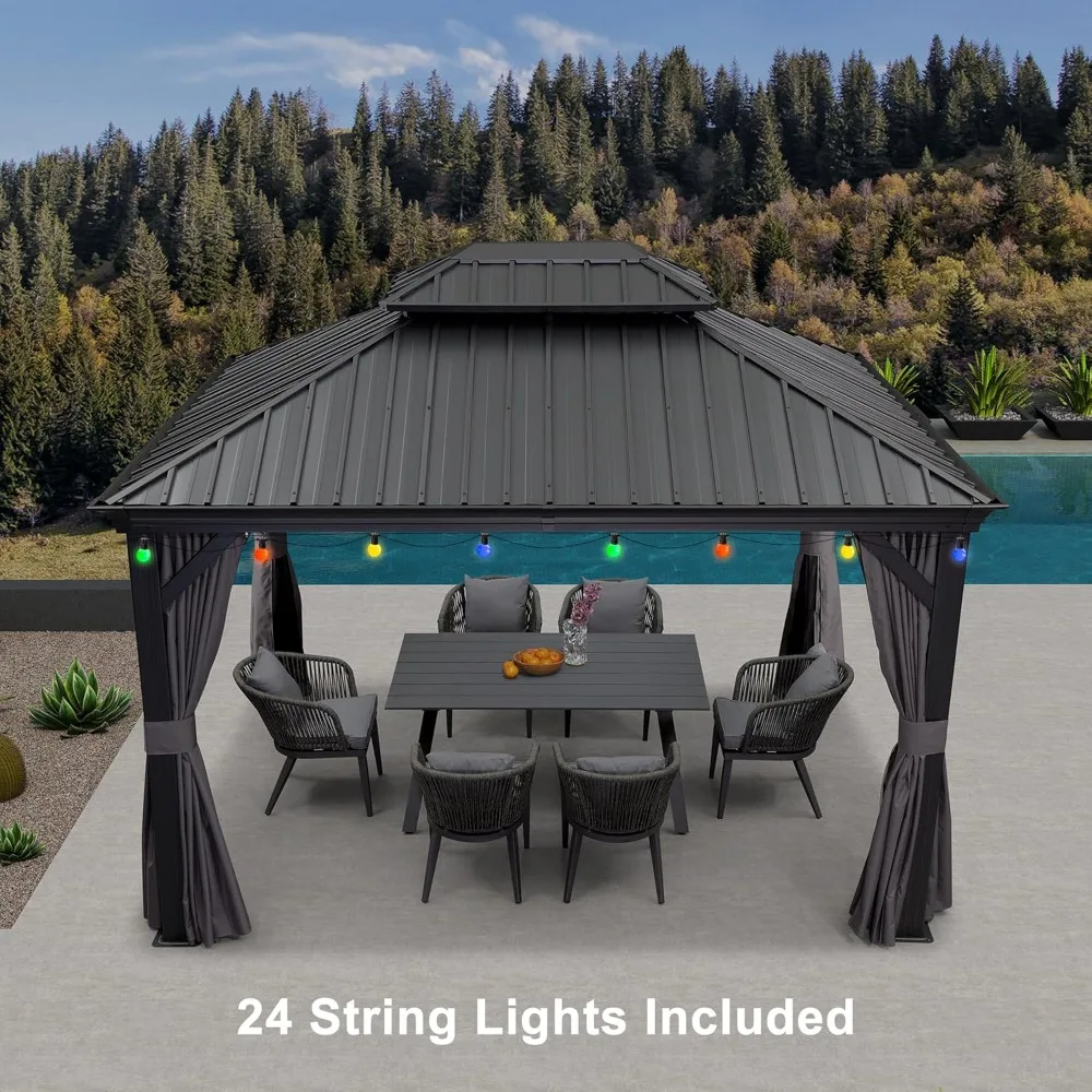 10' X 12' Hardtop Gazebo with Light Galvanized Steel Double Roof Outdoor Gazebo for Patio Lawn and Garden Grey