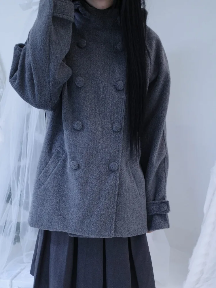 Coreano sle leste portão retro japonês sle faculdade vento casaco duplo breasted casaco de lã chapéu feminino tamanho pequeno casaco inverno
