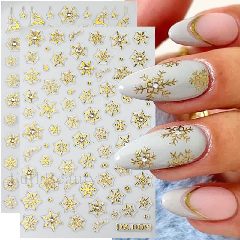 2pcs White Snowflake Nail Stickers With Sparkling Crystal Rhinestones Winter Christmas Design Self-Adhesive Sliders Decals Festi