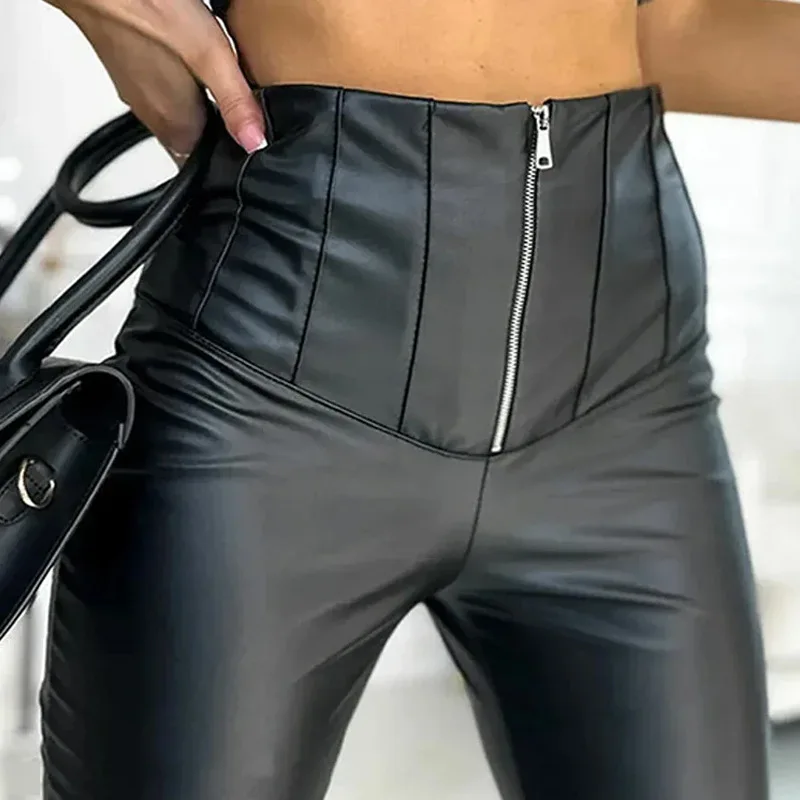 Women's Spliced Leather Pants PU Hip-wrapped Pants Casual Trendy High-waisted Tight Nine-point Pants