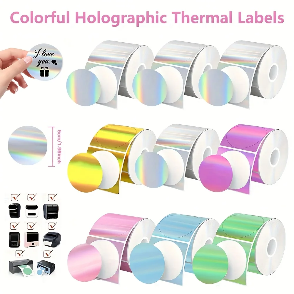 

Голографические круглые термоэтикетки 50x50 мм для печати штрих-кода/имя/логотипа P50/M110/M220/M120 для офиса/розничной торговли, термонаклейка