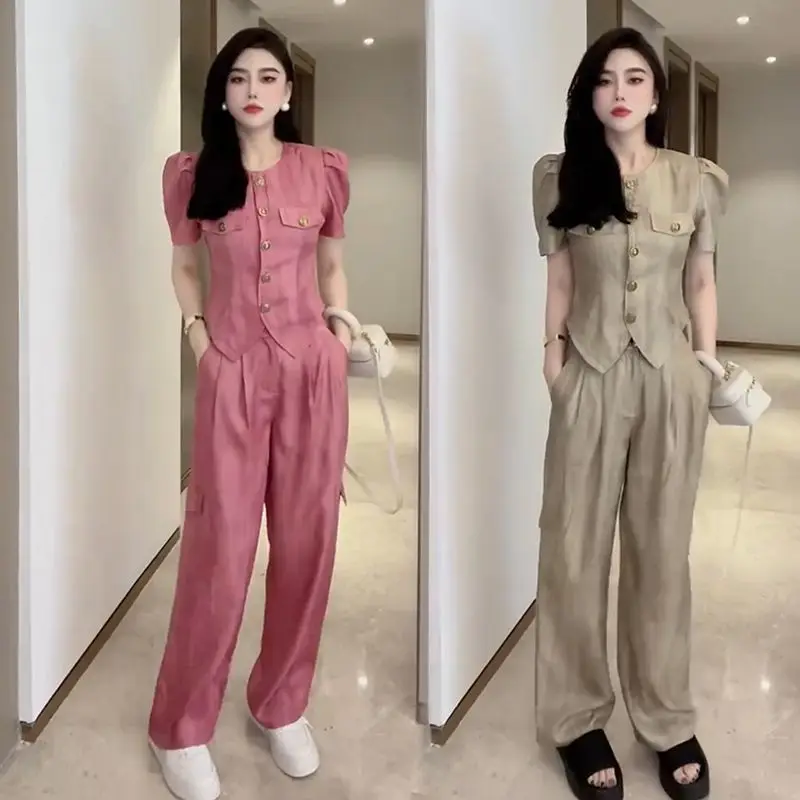 Temperament Small Fragrant Style Set for Women's 2024 Summer Single Breasted Split Shirt+High Waist Wide Leg Pants Two Piece Set