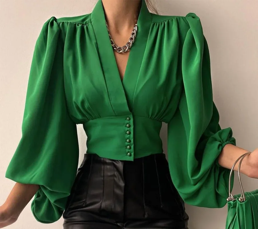 Sexy Keyhole Halter Long-sleeved Blouse Elegant High Collar Ruffled Solid Shirt Streetwear Ladies Casual Top 2022 New Solid