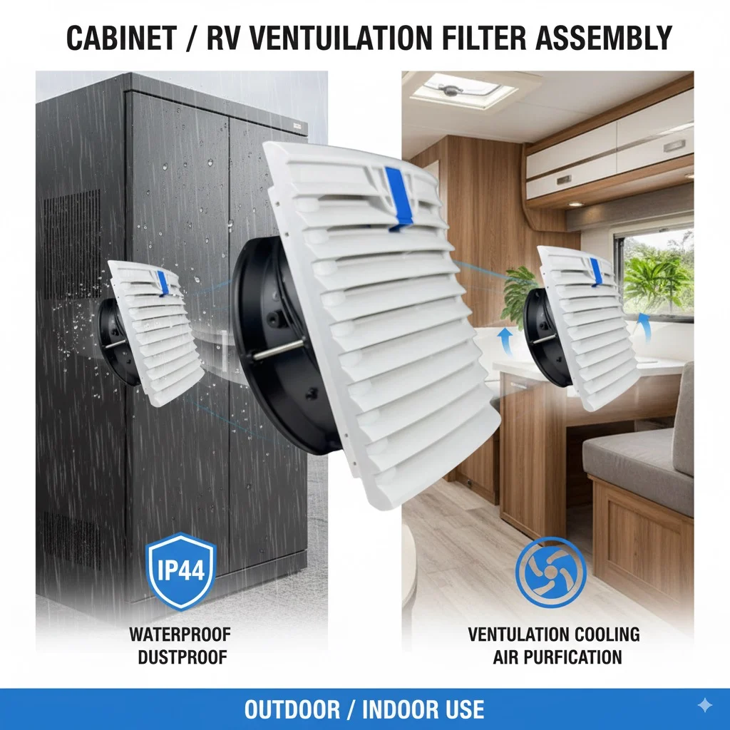 804 IP44 換気フィルター キット (172mm 12V 24V 115-230V AC 付き) |   キャビネットエンクロージャケース用の防塵・防滴冷却