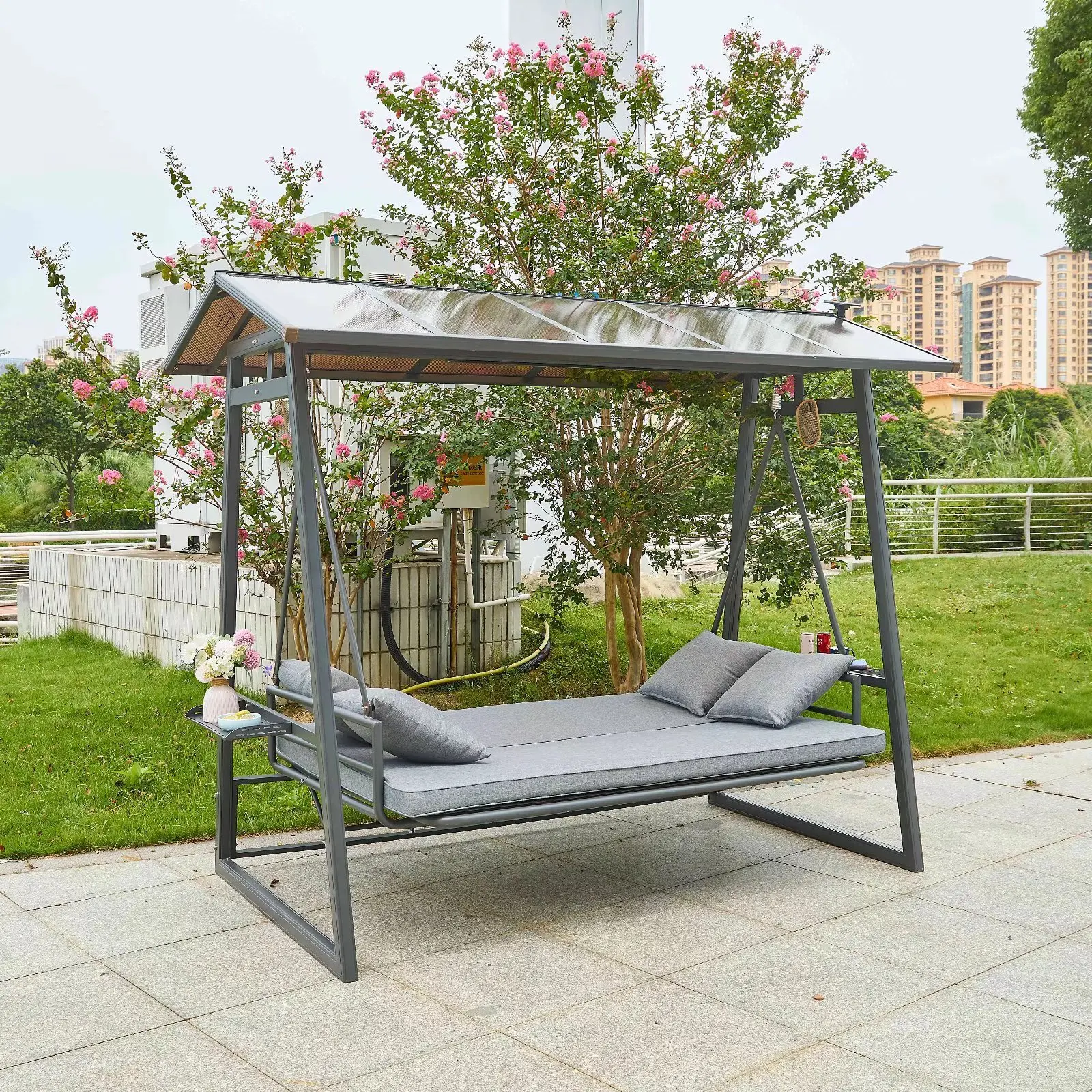 Swings Garden Swing Set Beach Solar Energy Metal Courtyard Balcony Patio Wrought Cast Aluminium 3 Seater Swing Chair