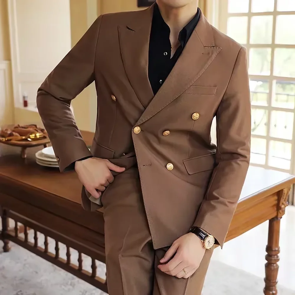 

England Style Men's Suits Fashion Peak Lapel Double Breasted Daily Office Party Male Casual Outfit Slim Fit 2 Piece Jacket Pants