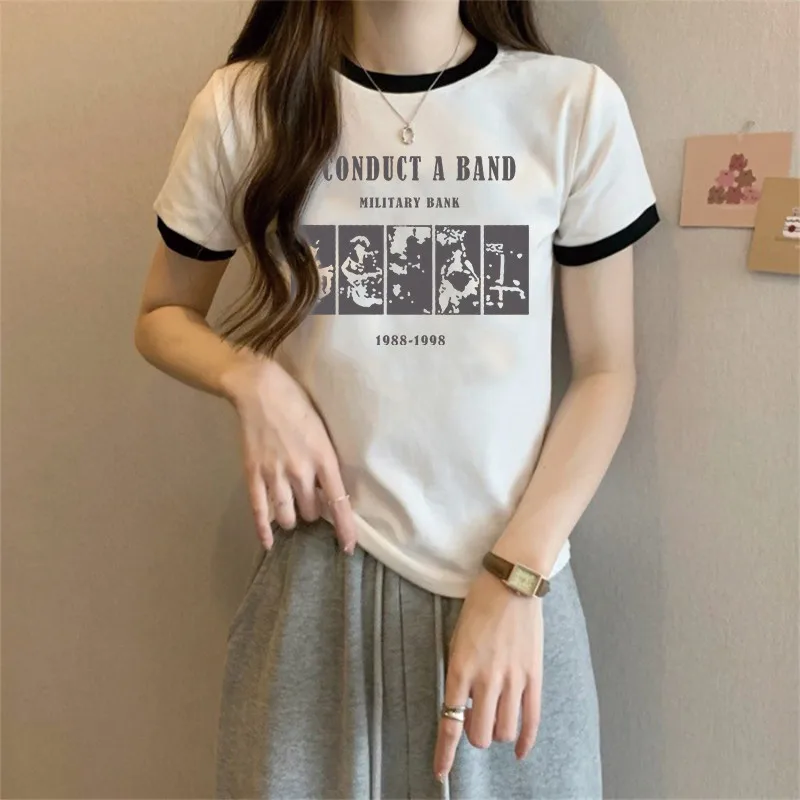 2026 Summer Women Contrast Color Short Sleeve T Shirt Vintage Letter Print Crew Neck Casual Base Layer Tee