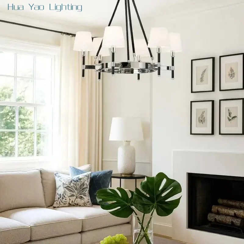 French Style Fabric Shade Chandelier With Single Wall Lamp Iron Brass Nickel Finish Dimmable Ceilings Lustre For Living Room