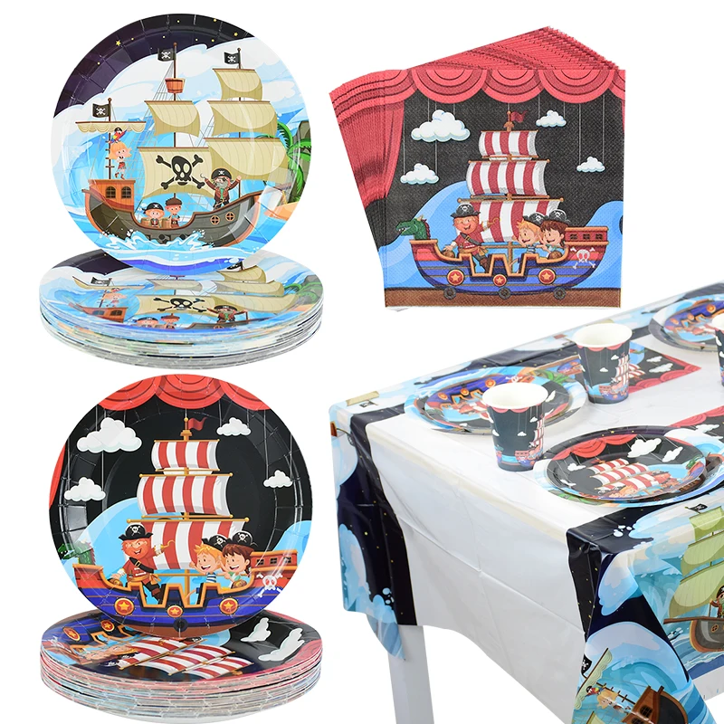 Pirate Disposable Tableware Sets Paper Napkins Cups Plates Tablecloths Pirate Birthday Party Supplies For Kids Baby Shower Decor