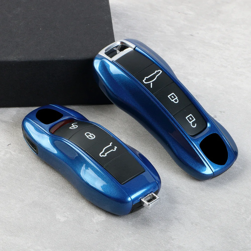 Key Case Fob Cover Sapphire Blue Color for Porsche Macan 718 911 Panamera Cayenne Car Key Protective Shell Replace Accessories